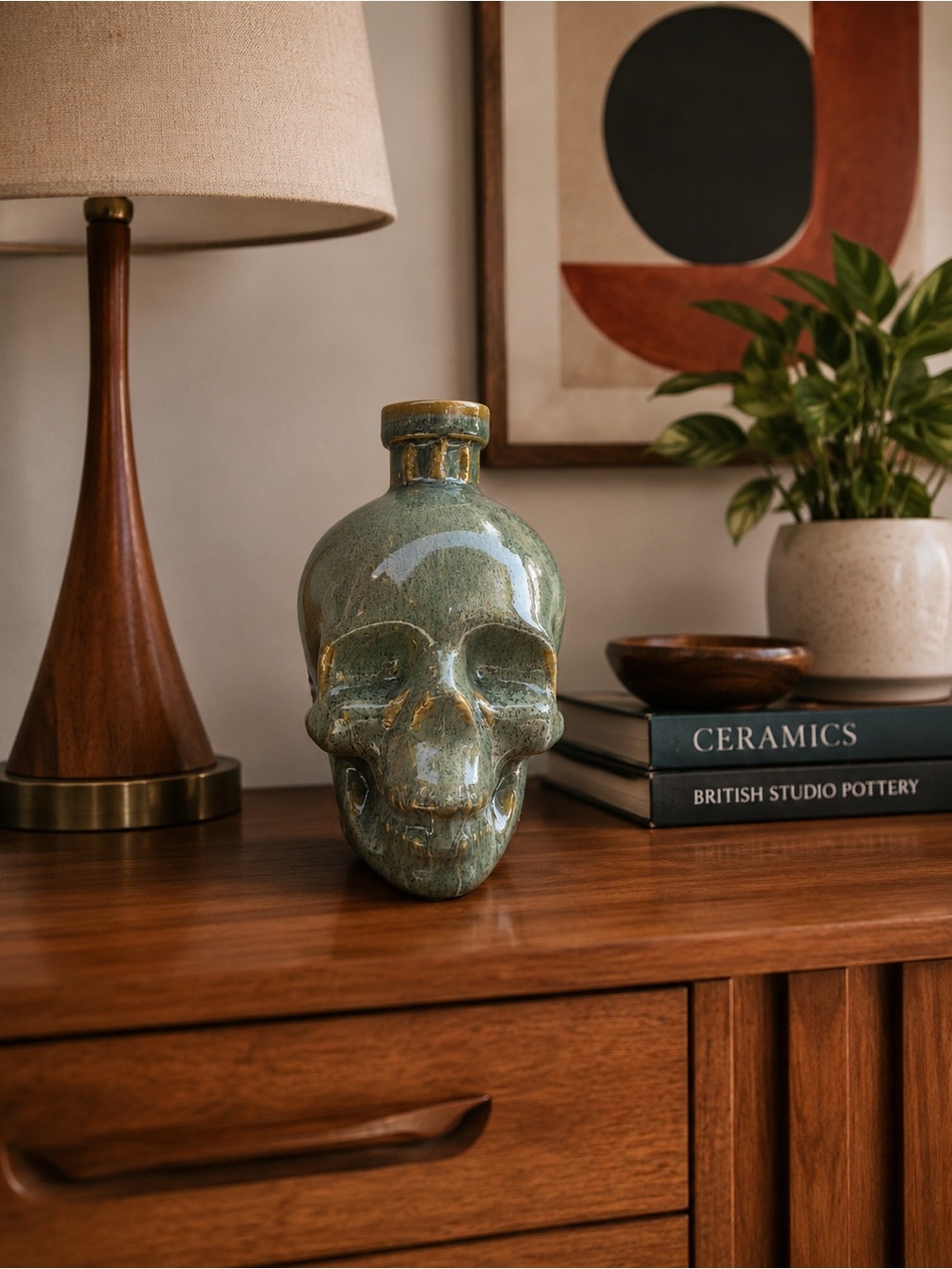 Creepy Cute Green Ceramic Skull Bottle / Gothic Decor vintage